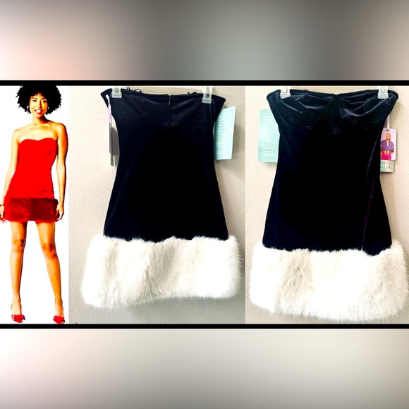 JOHNNY  WUJEK STRAPLESS FUR HEM HOLIDAY COCKTAIL BLK. DRESS JUNIORS SIZE 1~NWT - Picture 1 of 6